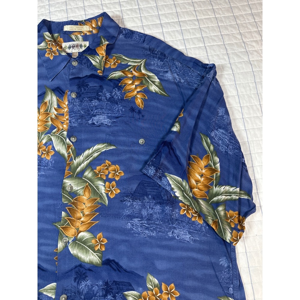 Campia Moda Mens XL Blue Tropical Floral Rayon Short Sleeve Button Down Shirt
